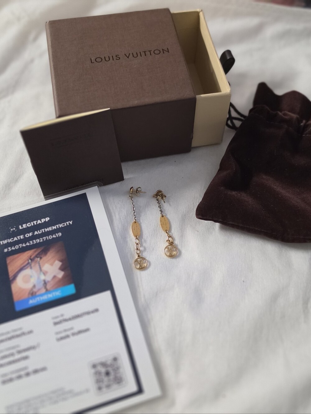 Authentic Louis Vuitton Gold-tone Chain Dangle LV Logo Earrings
